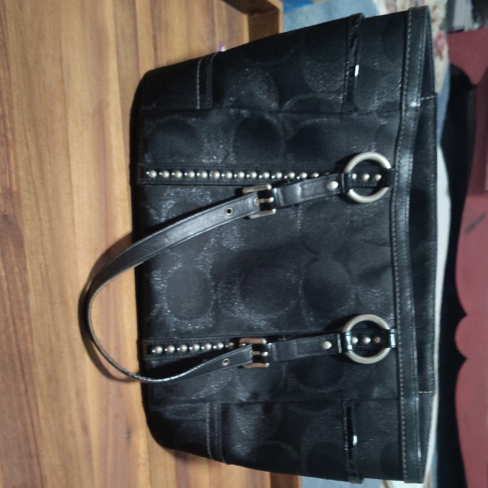 Canvas and leather tote bag, Coach Signature Lurex Studded Tote